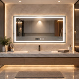 Espejo de baño LED plateado 80x60 cm con antivaho y reloj digital