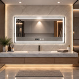 Espejo de baño LED plateado 80x60 cm con antivaho y reloj digital