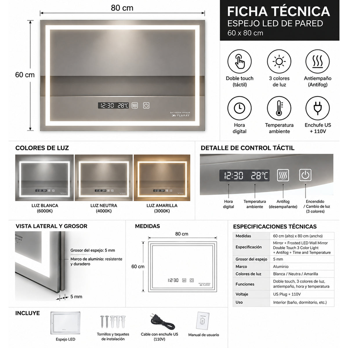 Espejo de baño LED plateado 80x60 cm con antivaho y reloj digital