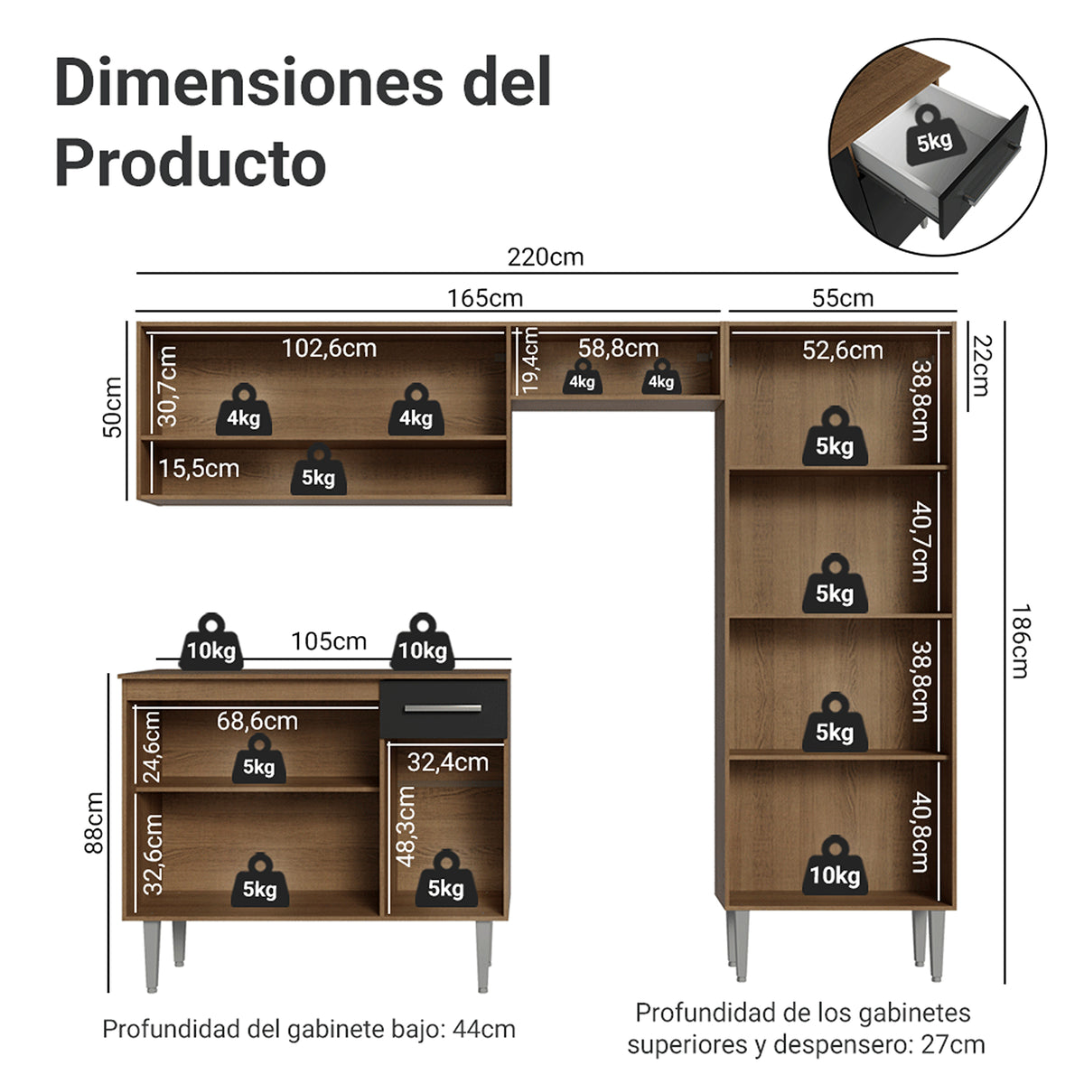 Cocina Integral Deli Marrón y Negro 220x186cm con Mesón de Madera Aglomerada MDP sin Pozuelo sin Estufa y con Alacela Lado Derecho