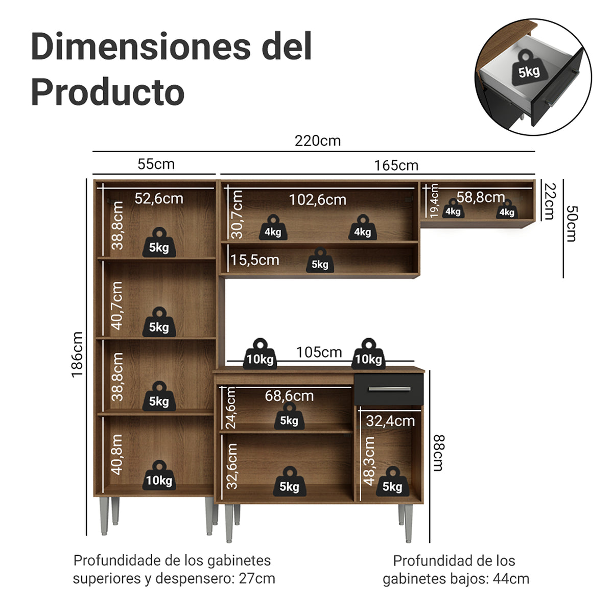 Cocina Integral Deli Marrón y Negro 220x186cm con Mesón de Madera Aglomerada MDP sin Pozuelo sin Estufa y con Alacela Lado Izquierdo