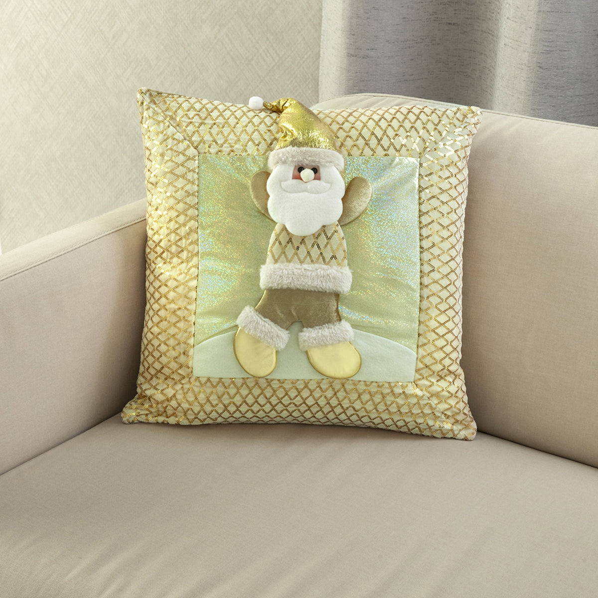 Funda de cojín navideña dorada Papá Noel 45x45 cm en poliéster