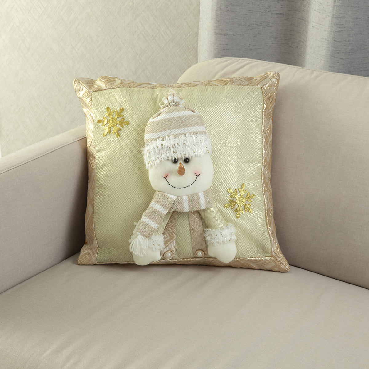 Funda de cojín navideña dorada muñeco de nieve 45x45 cm poliéster