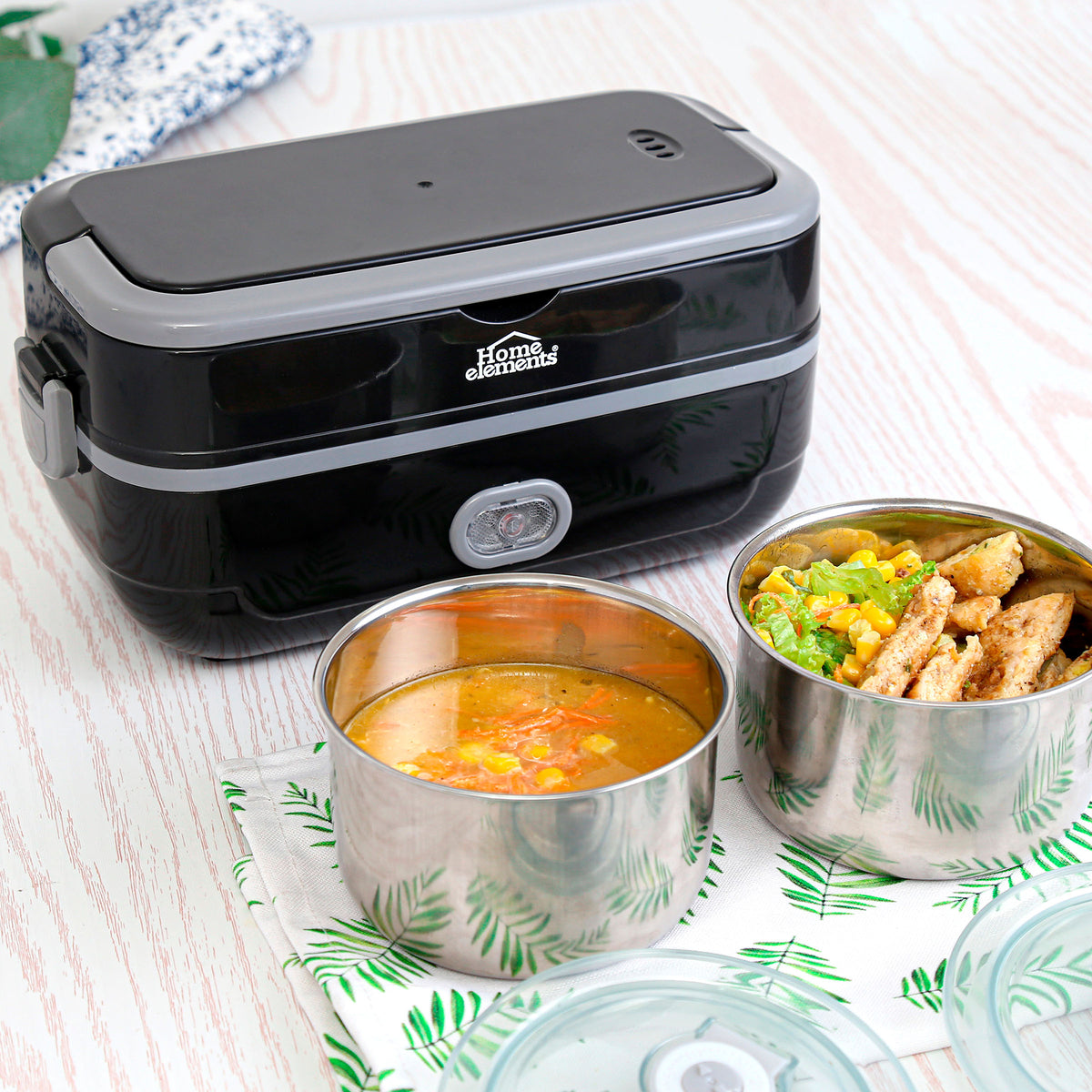 Lonchera eléctrica Home Elements Master Lunch negra 1 L con recipientes en acero inoxidable 200 W