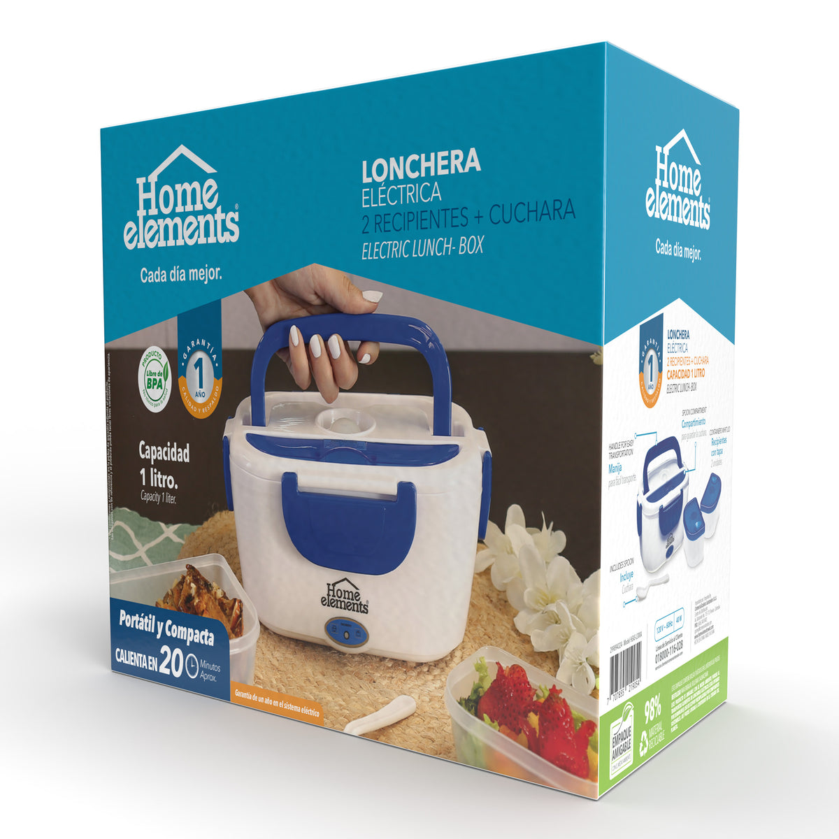 Lonchera eléctrica Home Elements azul portátil 1 L 40 W con 2 recipientes