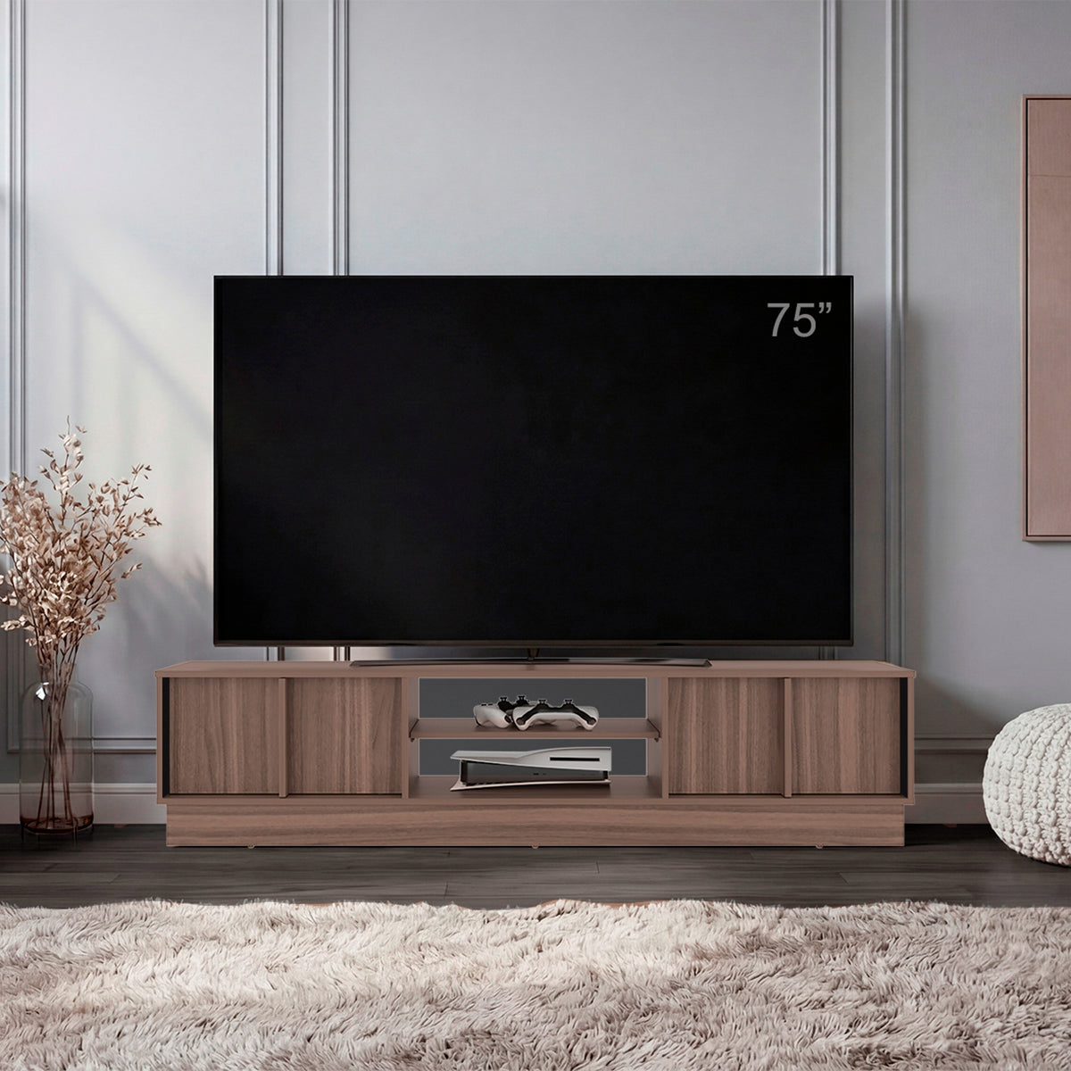 Rack de TV Caoba Avellana y Wengue 180x42.1cm para TV Hasta 75" Pulgadas con Dos Compatimientos