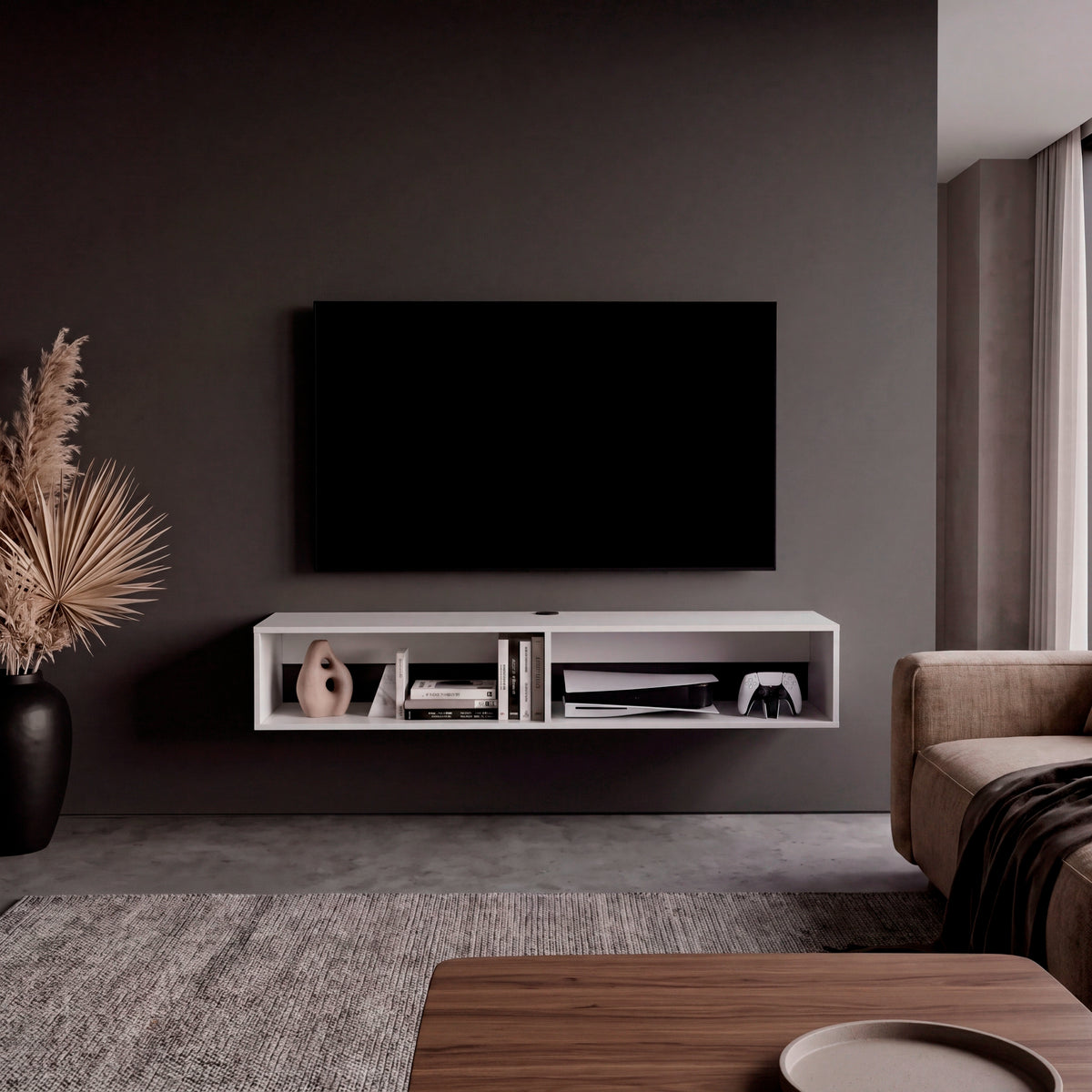 Rack de TV Flotante Blanco 150x25.3cm para TV Hasta 65" Pulgadas con Dos Compatimientos
