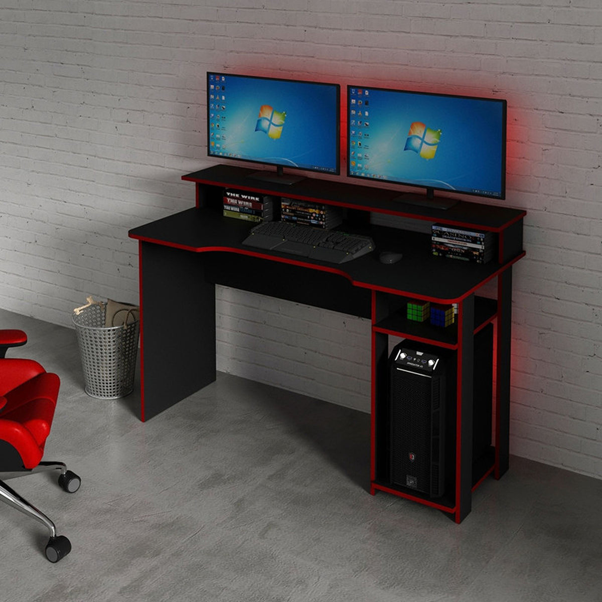 Escritorio gamer Bolonia negro y rojo en MDF 136x89.5cm con repisa superior