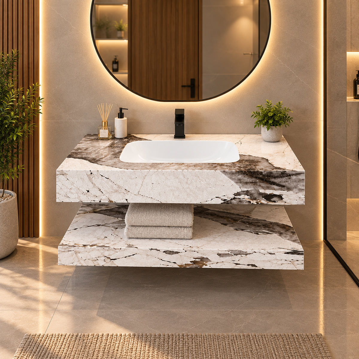 Lavamanos suspendido blanco 80x23 cm en piedra sinterizada con mueble integrado