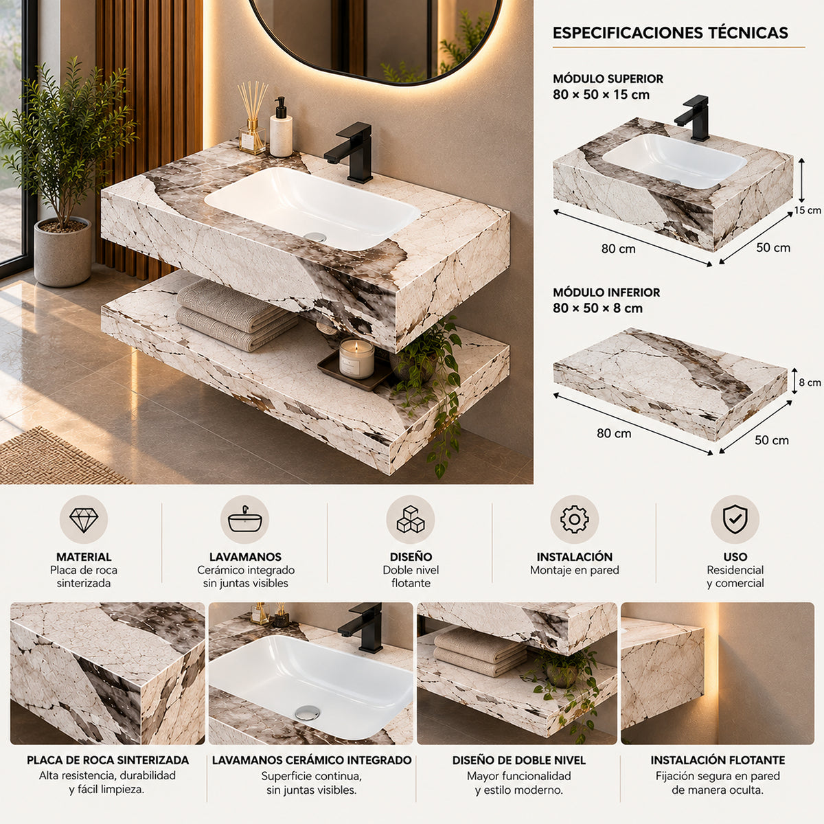 Lavamanos suspendido blanco 80x23 cm en piedra sinterizada con mueble integrado
