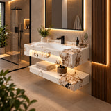 Mueble de baño suspendido blanco con lavamanos integrado LED 80x28 cm