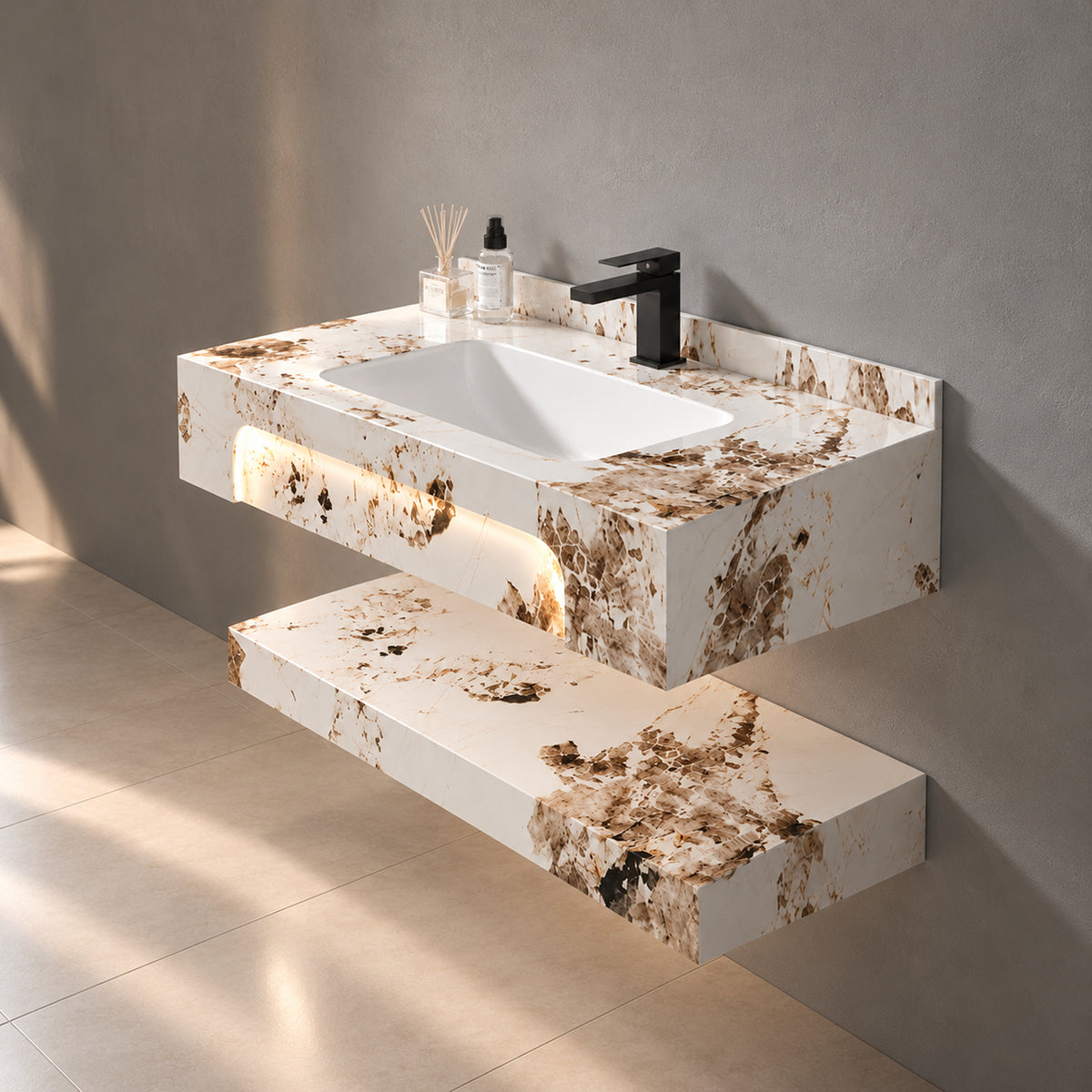 Mueble de baño suspendido blanco con lavamanos integrado LED 80x28 cm