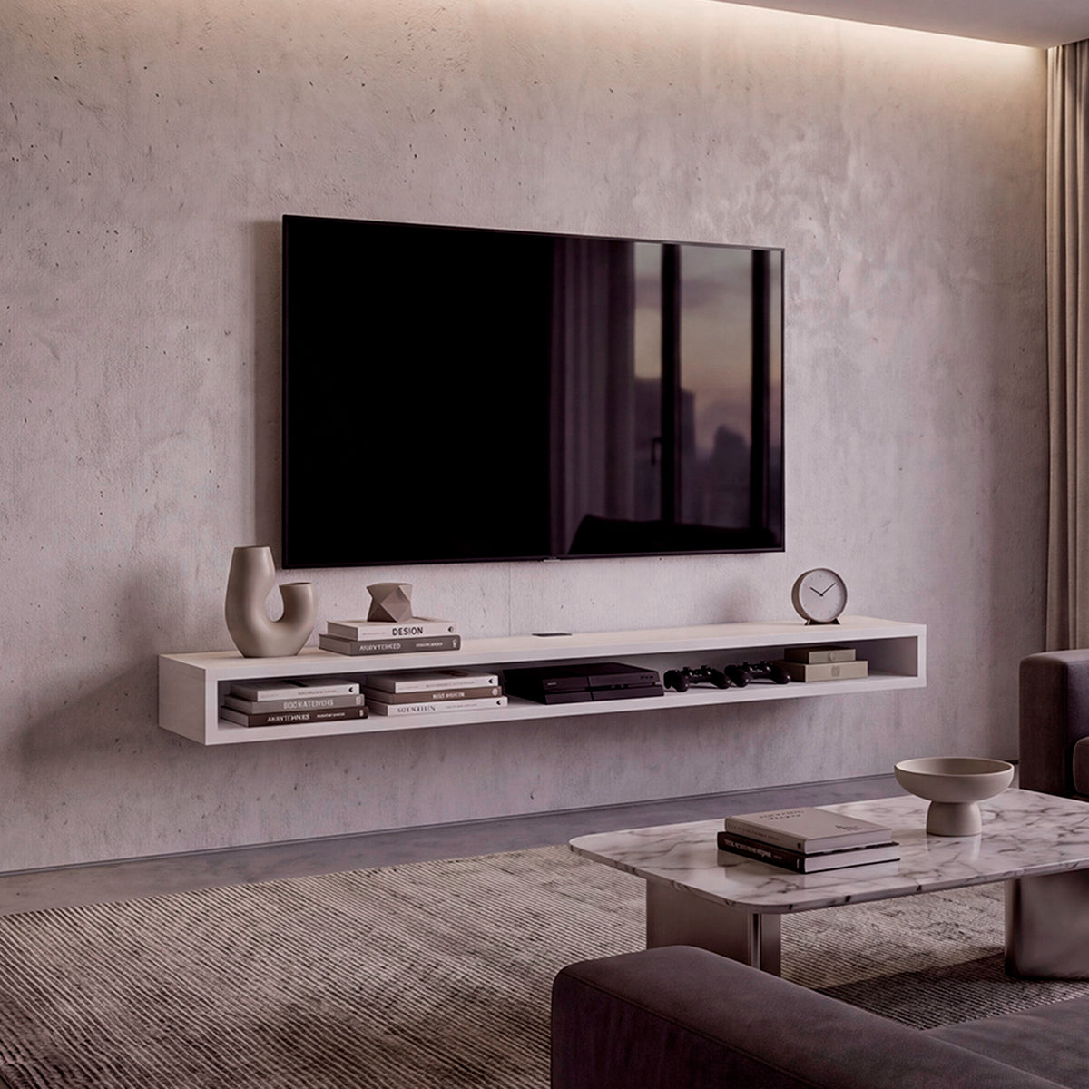 Rack de TV flotante Luft blanco para televisor de hasta 75" pulgadas 180x15 cm