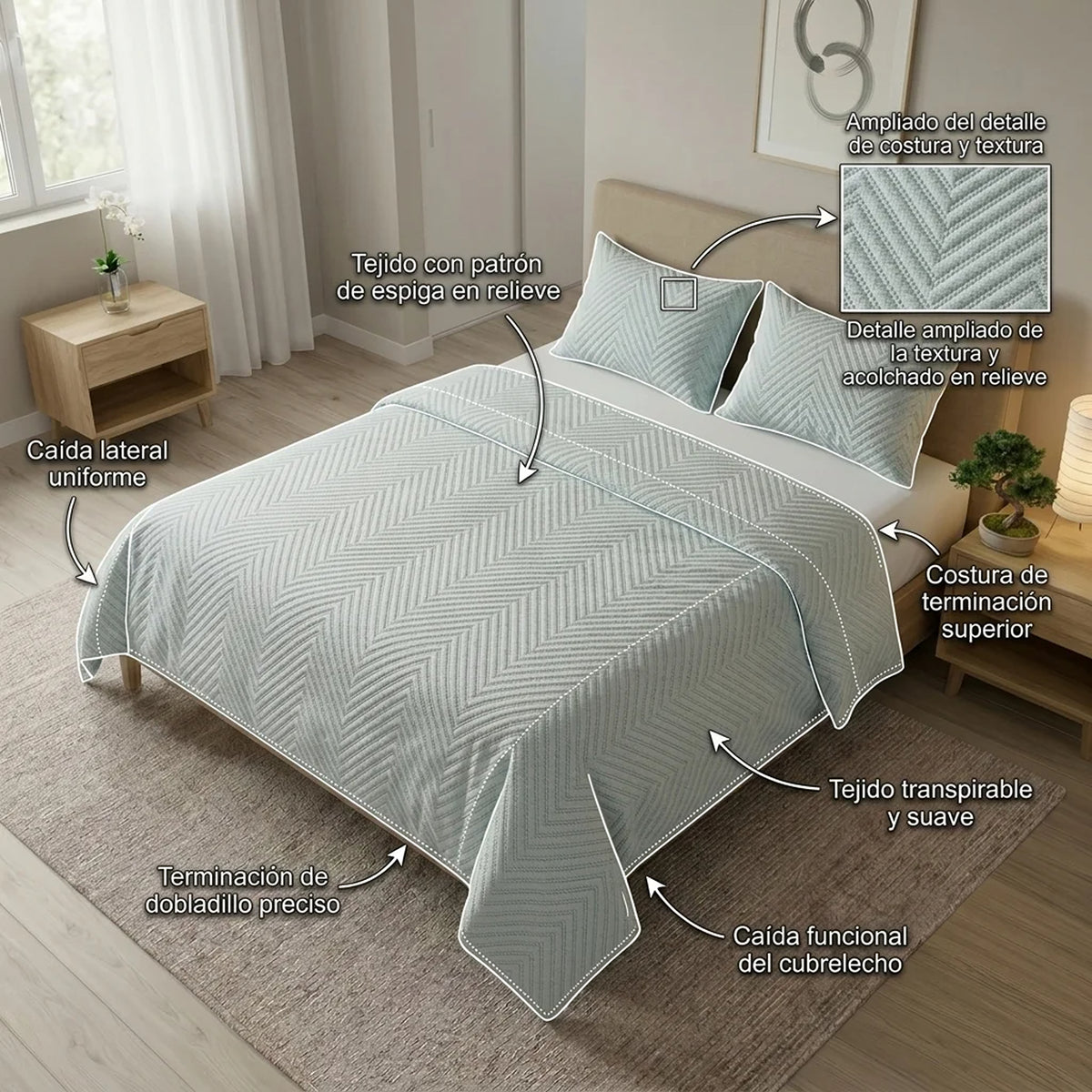 Cubrelecho para Cama doble azul Kyoto 140x190 cm en microfibra con 2 fundas