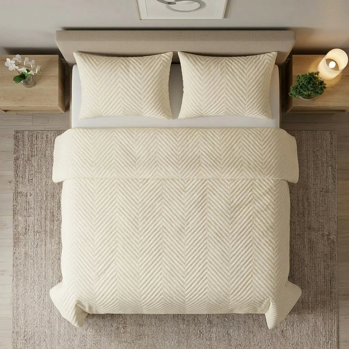 Cubrelecho queen beige Kyoto en microfibra 160x190 cm con 2 fundas