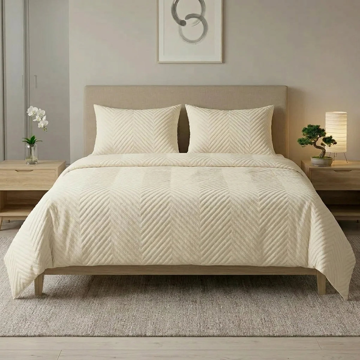 Cubrelecho queen beige Kyoto en microfibra 160x190 cm con 2 fundas