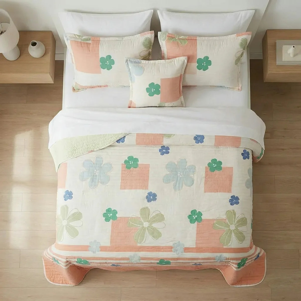 Cubrelecho semidoble Rosella floral salmón doble faz en microfibra 120x190 cm