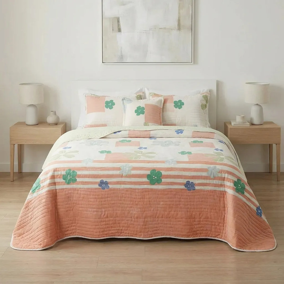 Cubrelecho semidoble Rosella floral salmón doble faz en microfibra 120x190 cm