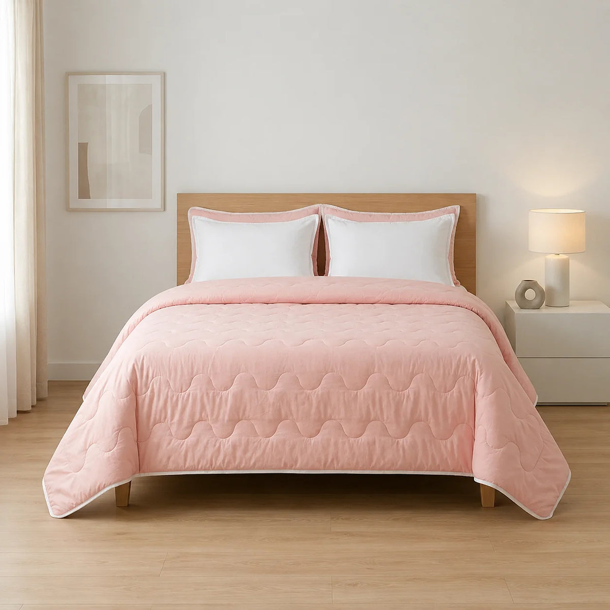 Cubrelecho acolchado Cotton Sense king rosa y blanco doble faz en microfibra 200x200 cm