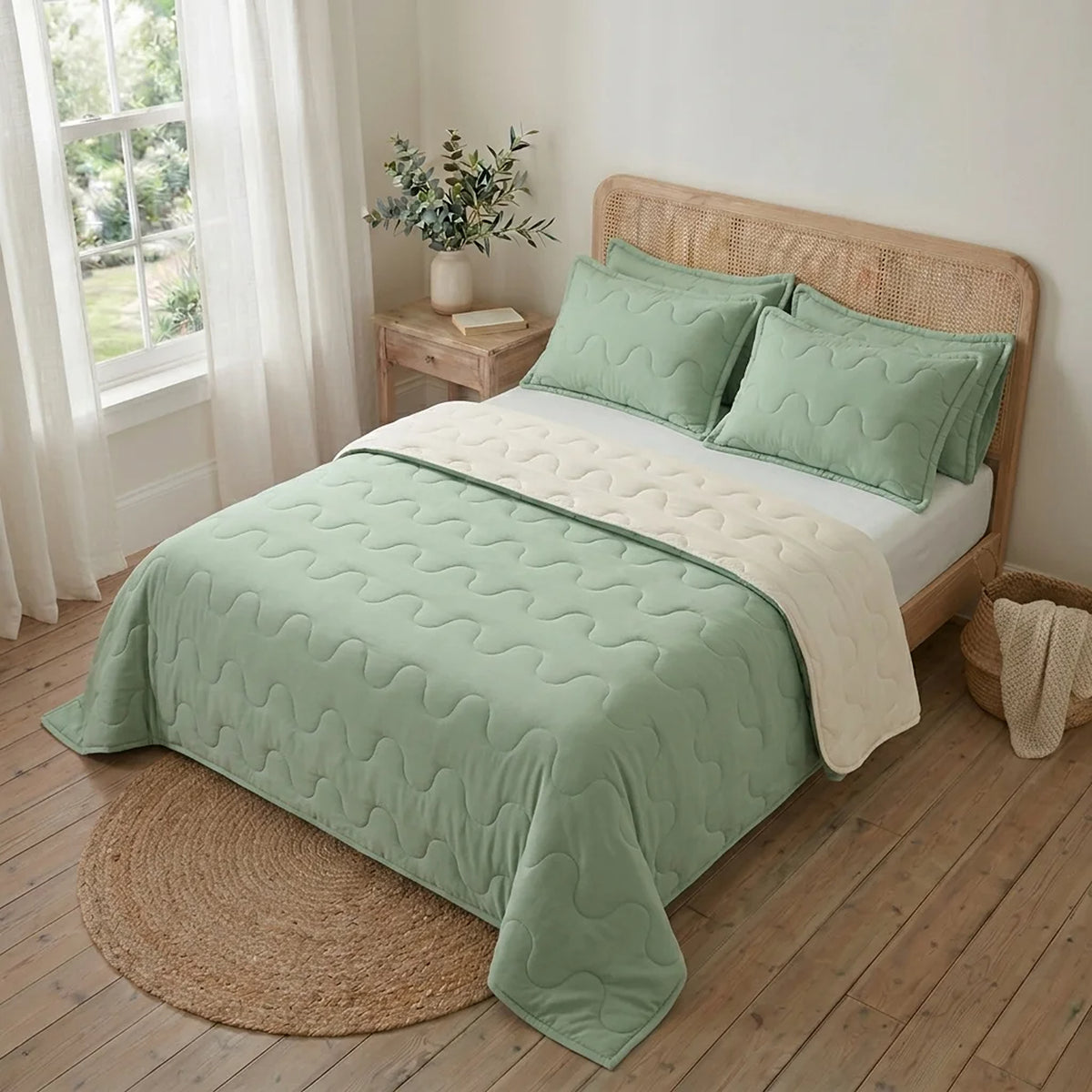 Cubrelecho acolchado Cotton Sense king verde y beige doble faz en microfibra 200x200 cm