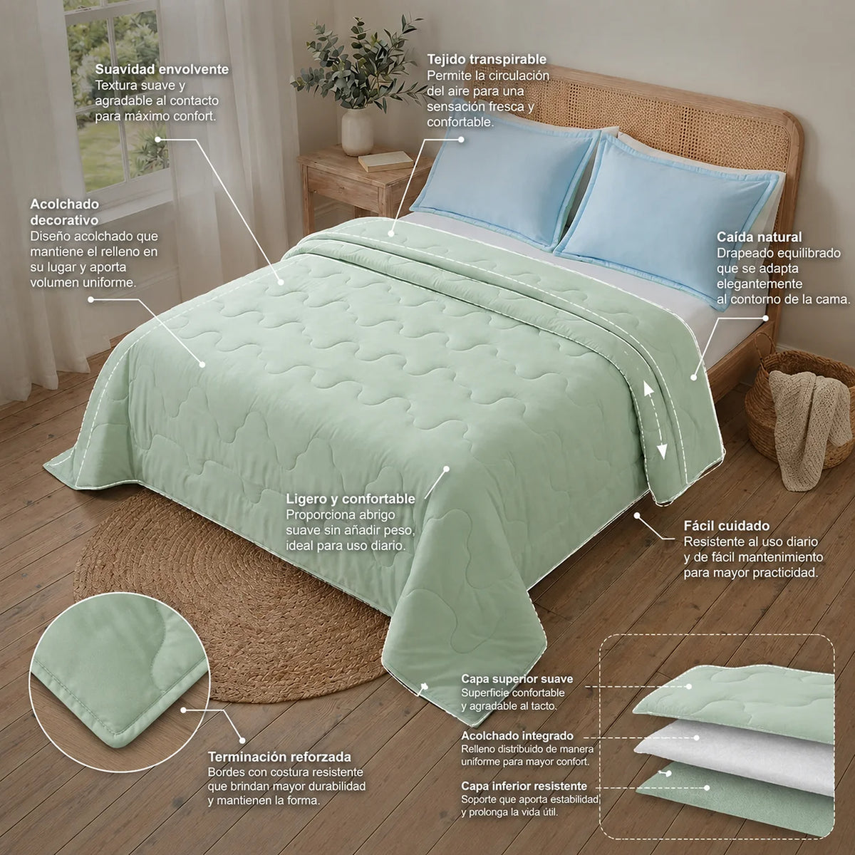 Cubrelecho acolchado queen verde Cotton Sense doble faz 160x190 cm