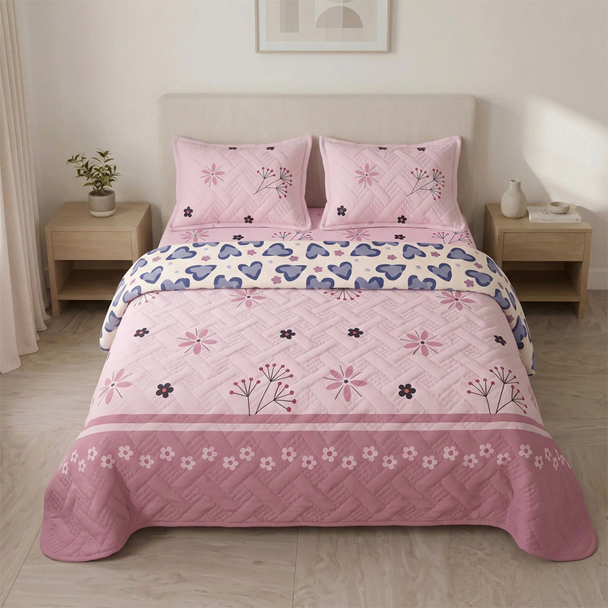 Cubrelecho sencillo rosado Pradera Rosé termosellado en microfibra 100x190 cm
