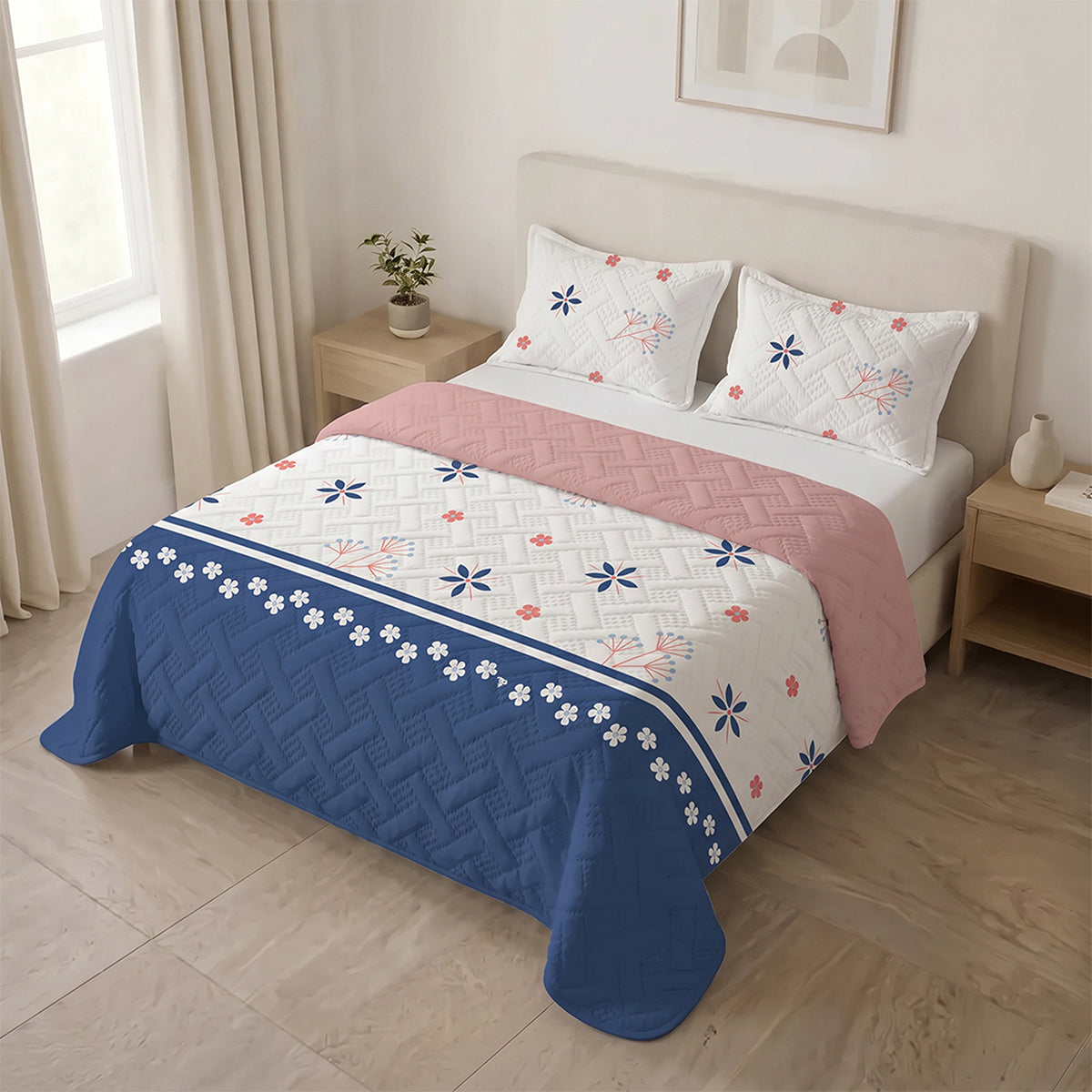 Cubrelecho sencillo Reef Rosa blanco y salmón en microfibra 100x190 cm