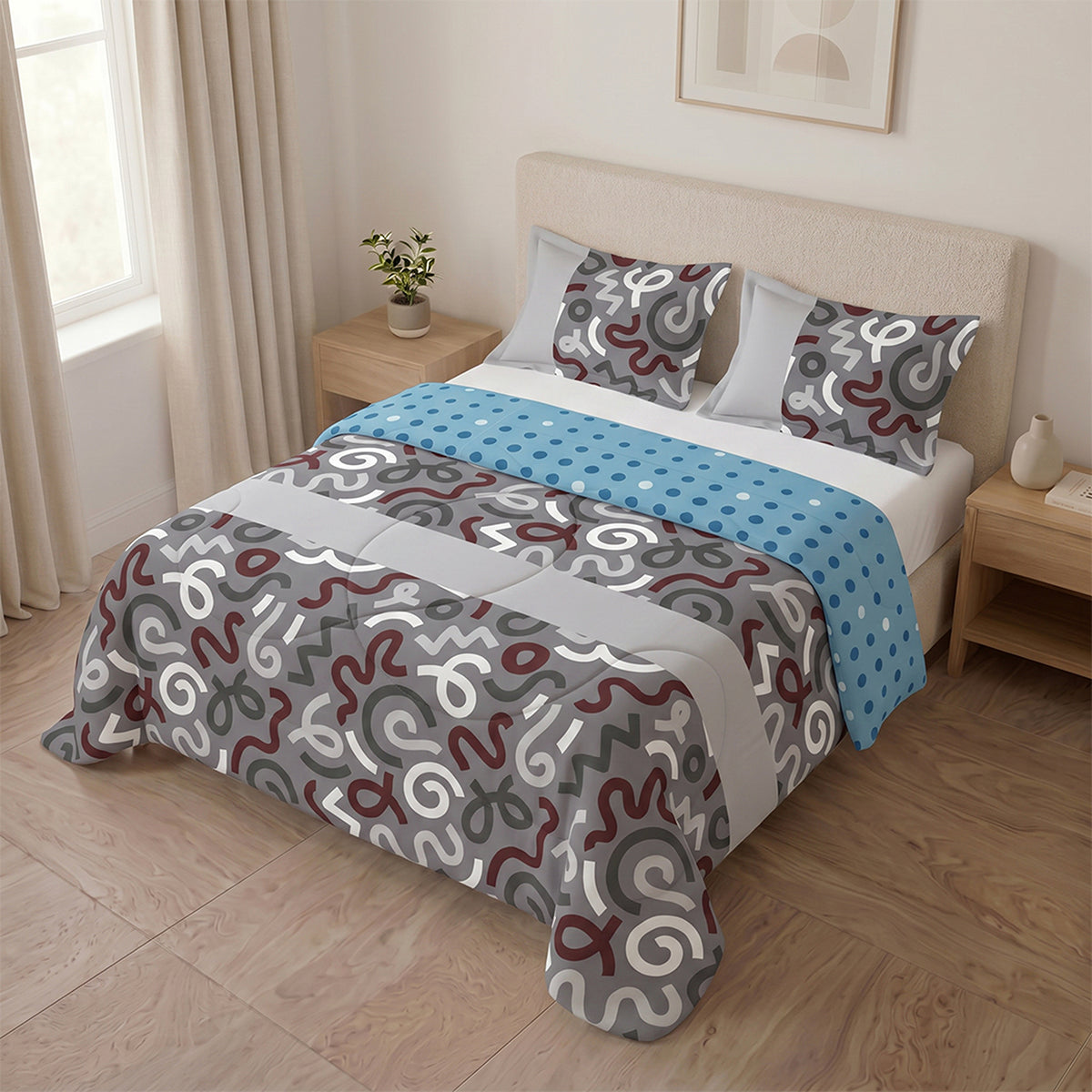 Cubrelecho para cama doble gris oscuro y azul 140x190 cm en microfibra doble faz