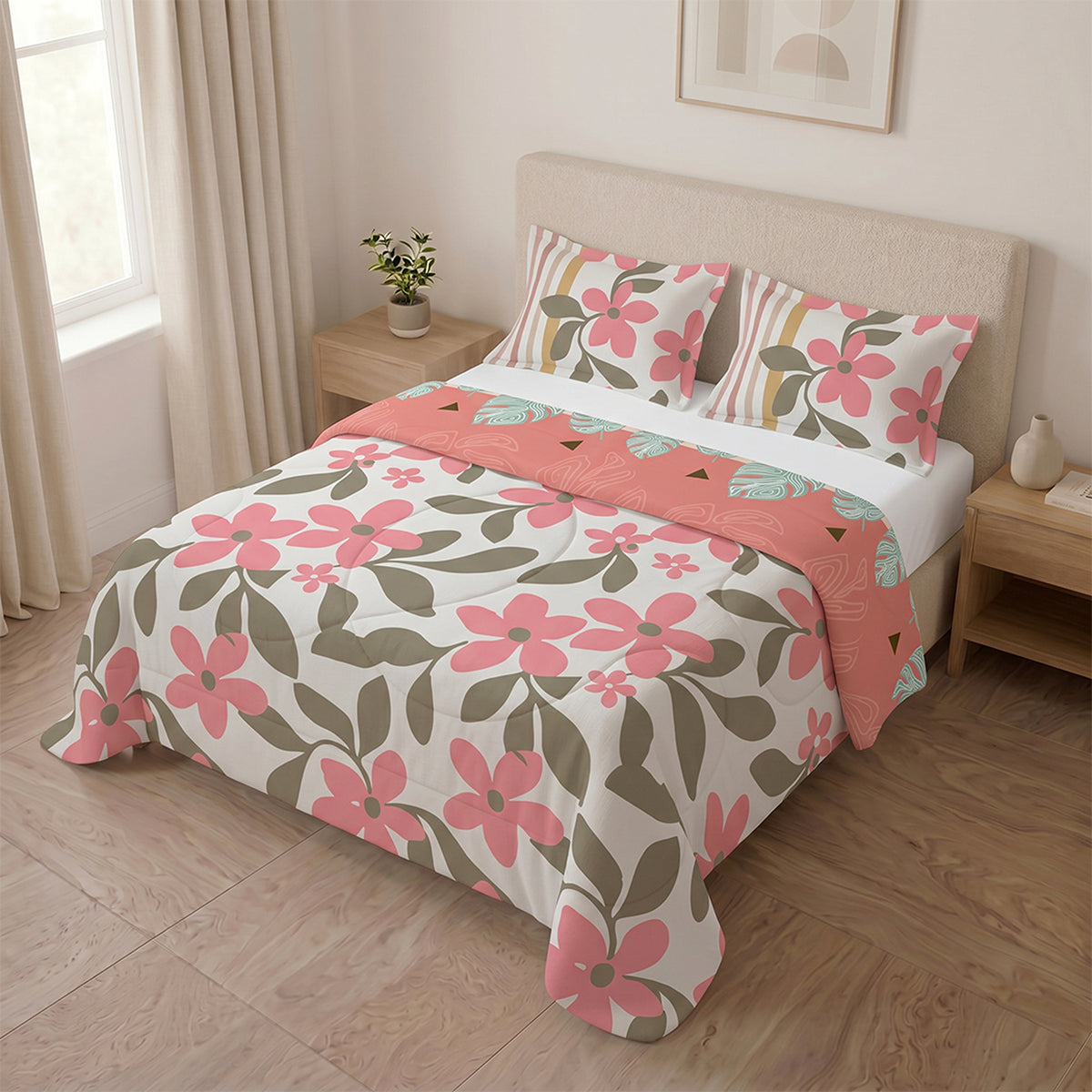 Cubrelecho para cama doble blanco y rosado doble faz en microfibra 140x190 cm