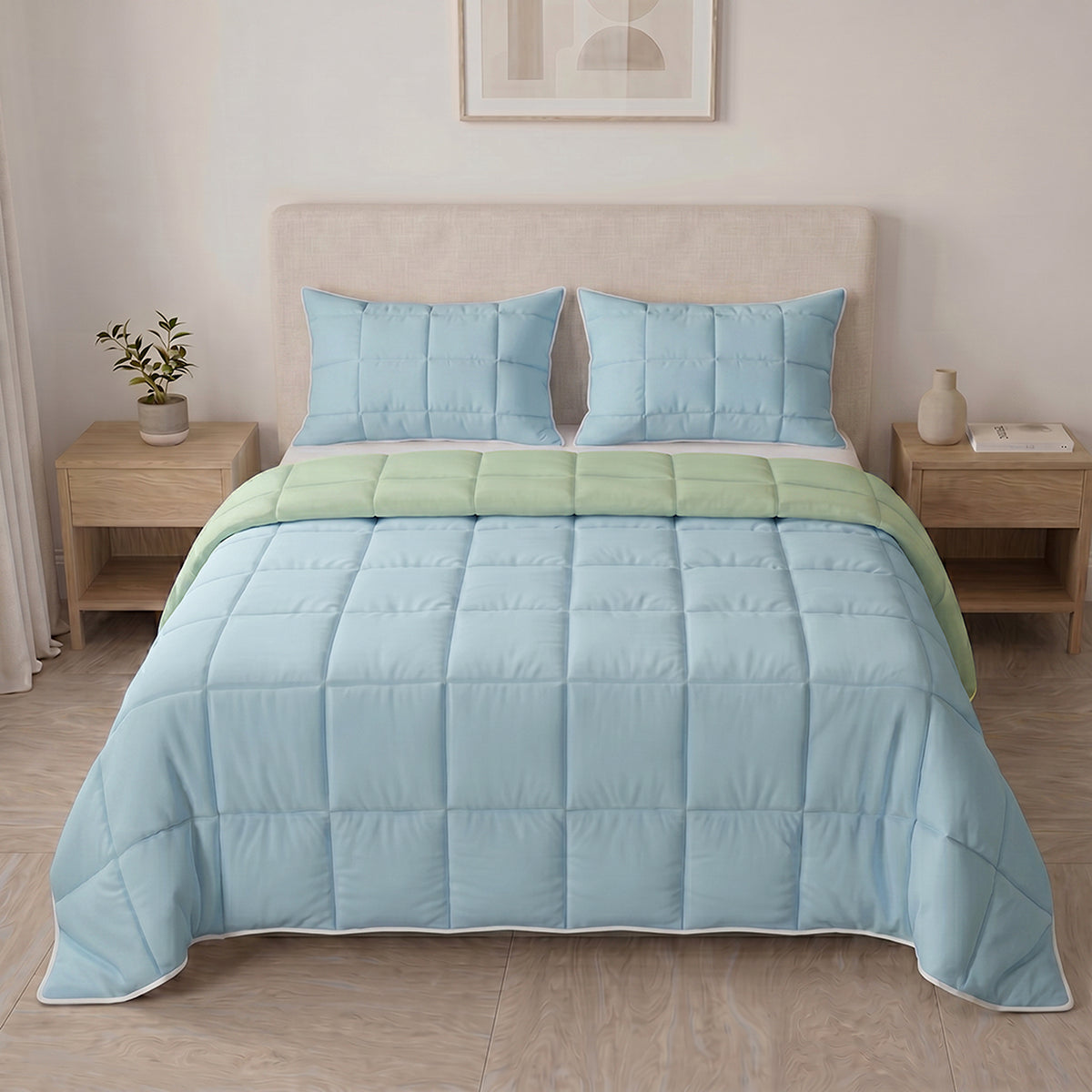 Cubrelecho para cama doble azul claro y verde en microfibra acolchada 140x190 cm