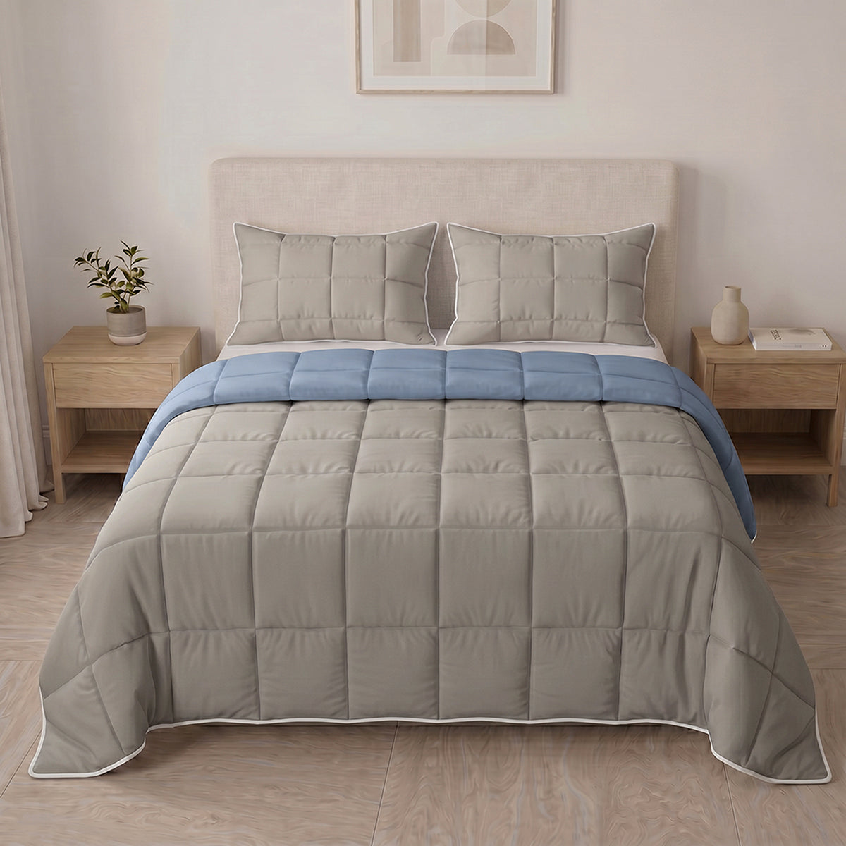Cubrelecho acolchado para cama doble faz gris y azul en microfibra 140x190 cm