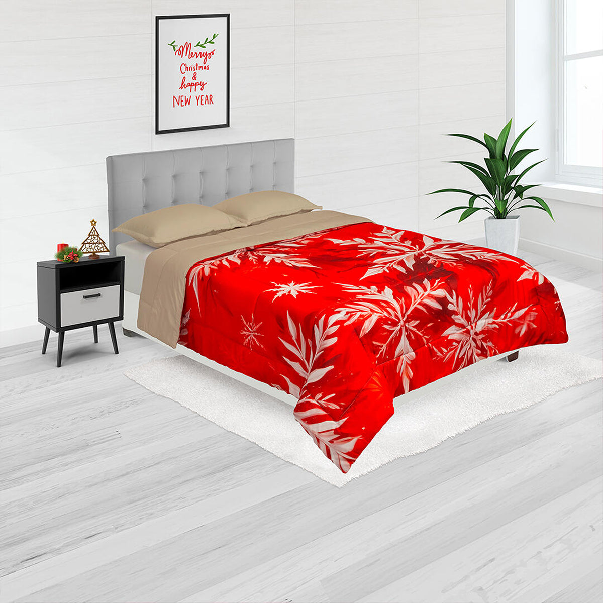 Cubrelecho king navideño camel doble faz en microfibra 200x200 cm