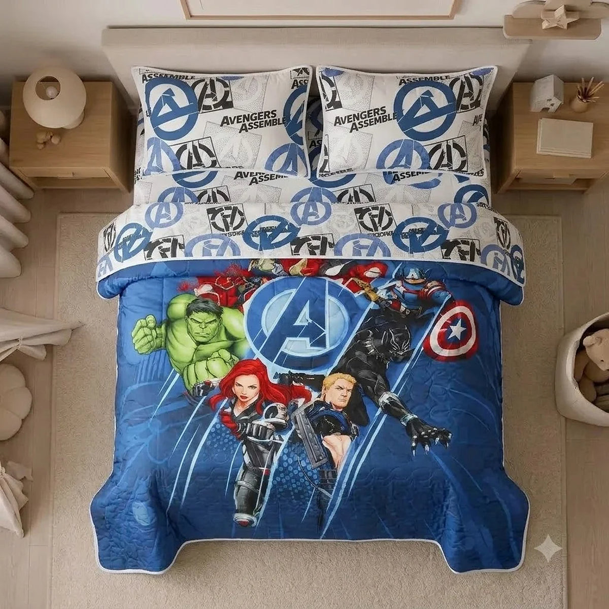 Cubrelecho infantil semidoble azul Disney Core Avengers doble faz en microfibra 120x190 cm