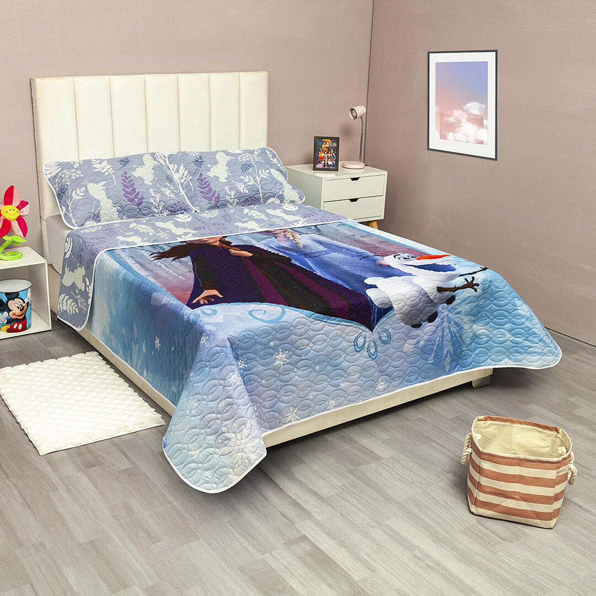 Cubrelecho infantil semidoble azul Disney Core Frozen doble faz 120x190 cm 3 piezas