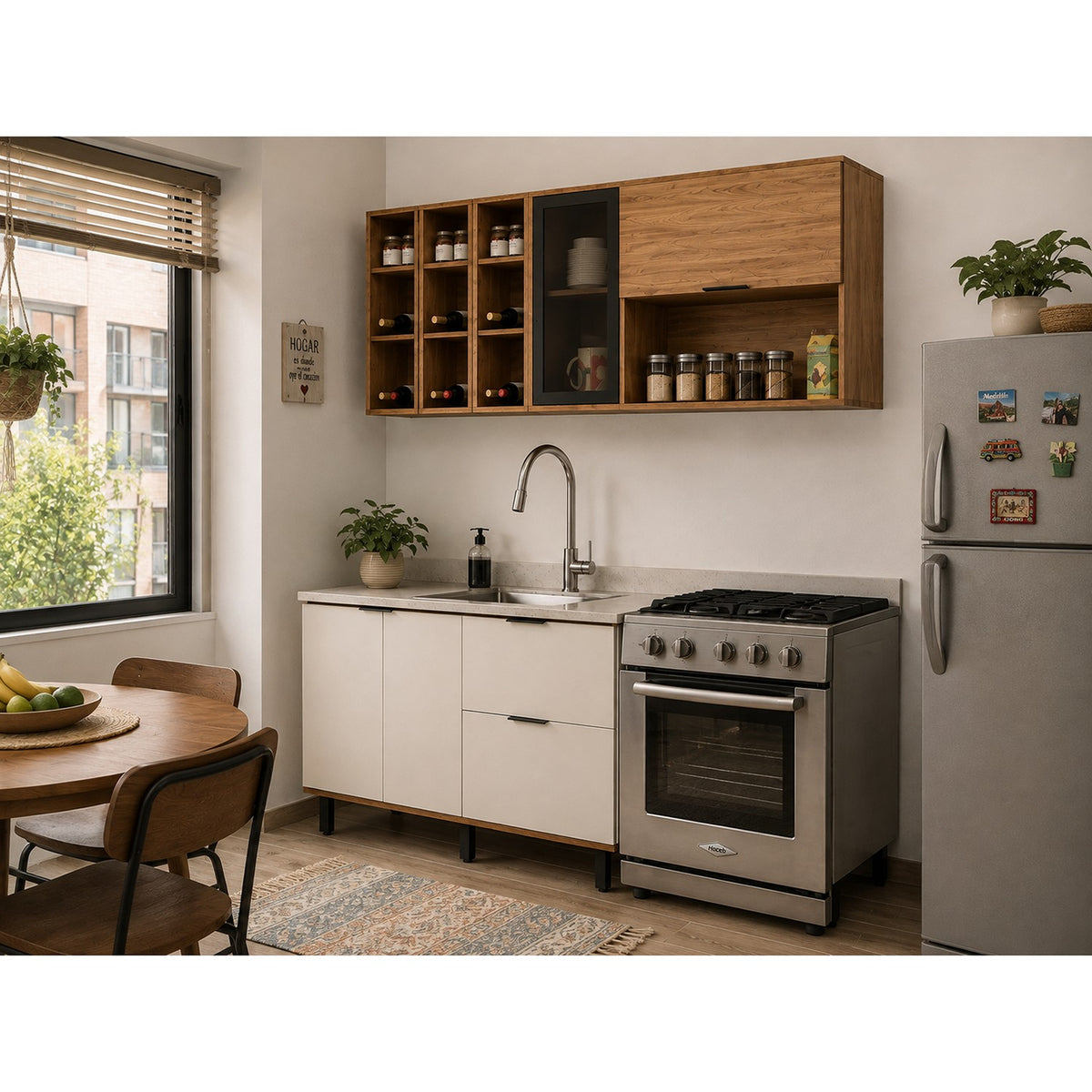Cocina Ibiza Natural y Blanco Apagado 160x163.5cm con Cuatro Puertas sin Mesón y Sin Estufa