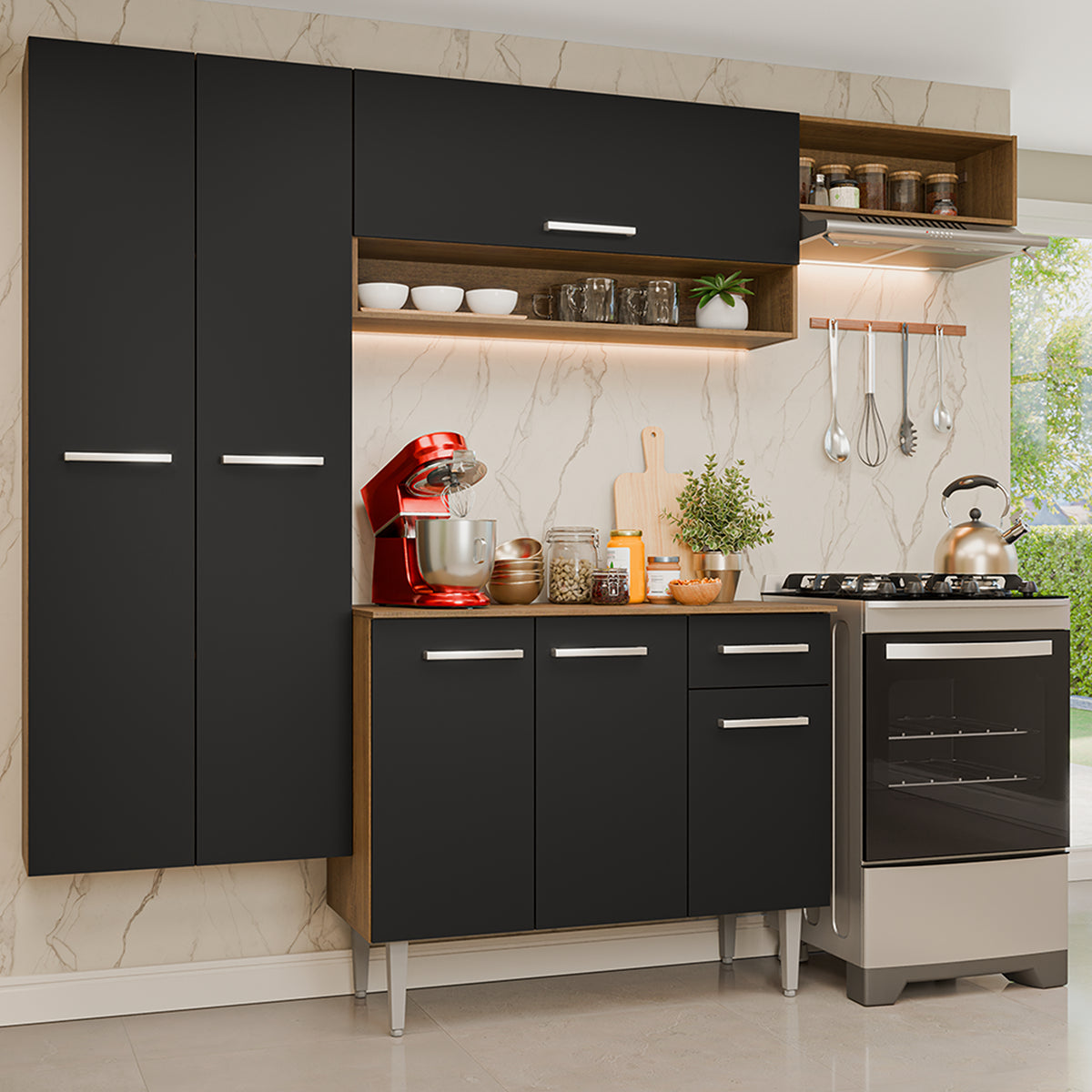 Cocina integral Deli marrón y negro en MDP 220x201 cm con mesón de madera aglomerada sin pozuelo y sin estufa