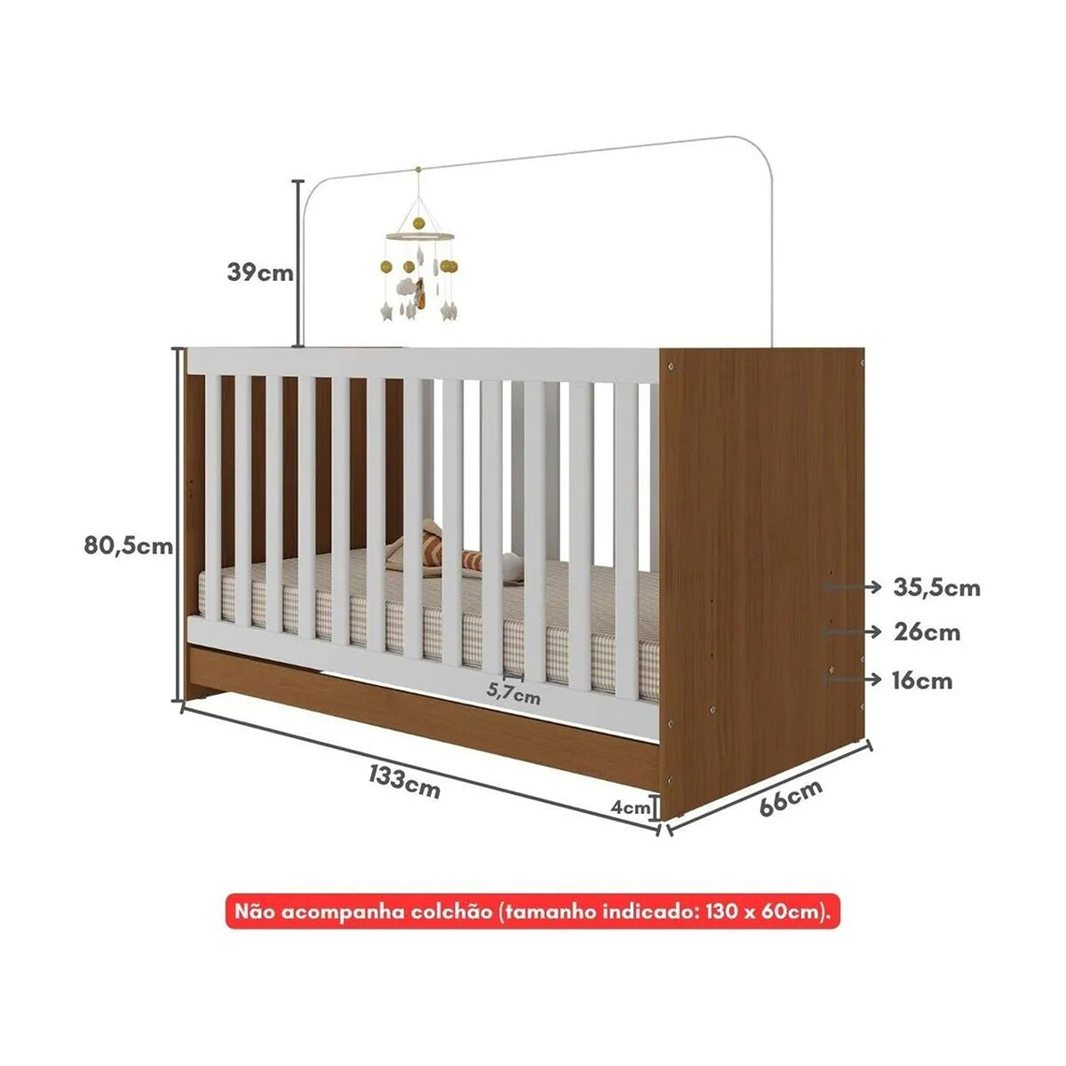 Cuna 3 en 1 Blanco y Café 66x80cm para Colchón Infantil 60 X 130 Cm con Colchón