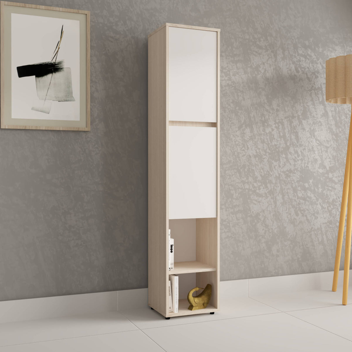 Biblioteca moderna arena y blanco en MDF 33.4x166 cm con 2 puertas