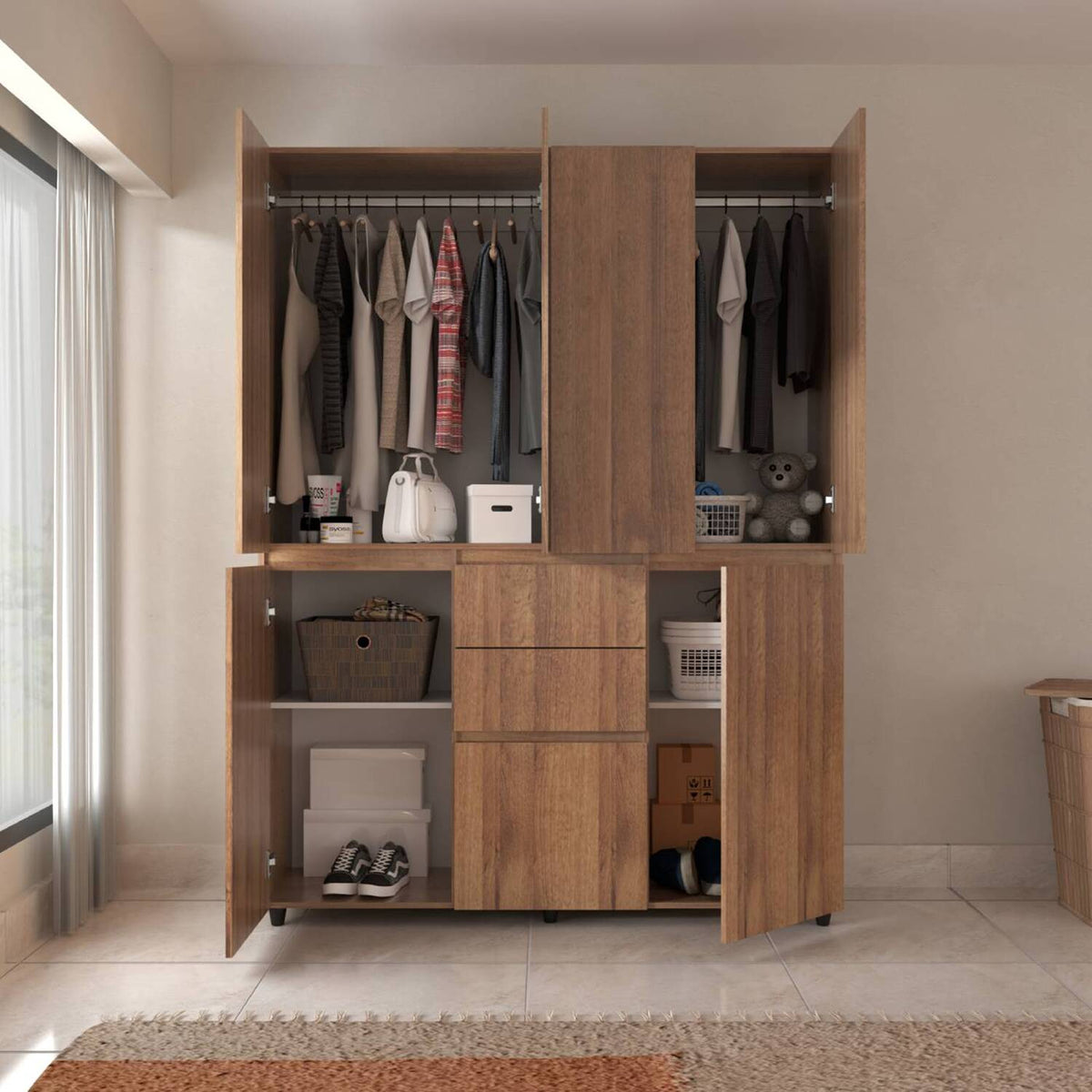 Armario amaretto moderno en MDF 150x200 cm con 6 puertas y 2 cajones