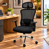 Silla de oficina ergonómica negra con cabecero y soporte lumbar 65x120 cm