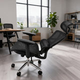 Silla de oficina ergonómica negra en malla con cabecero y brazos 3D 65x120cm