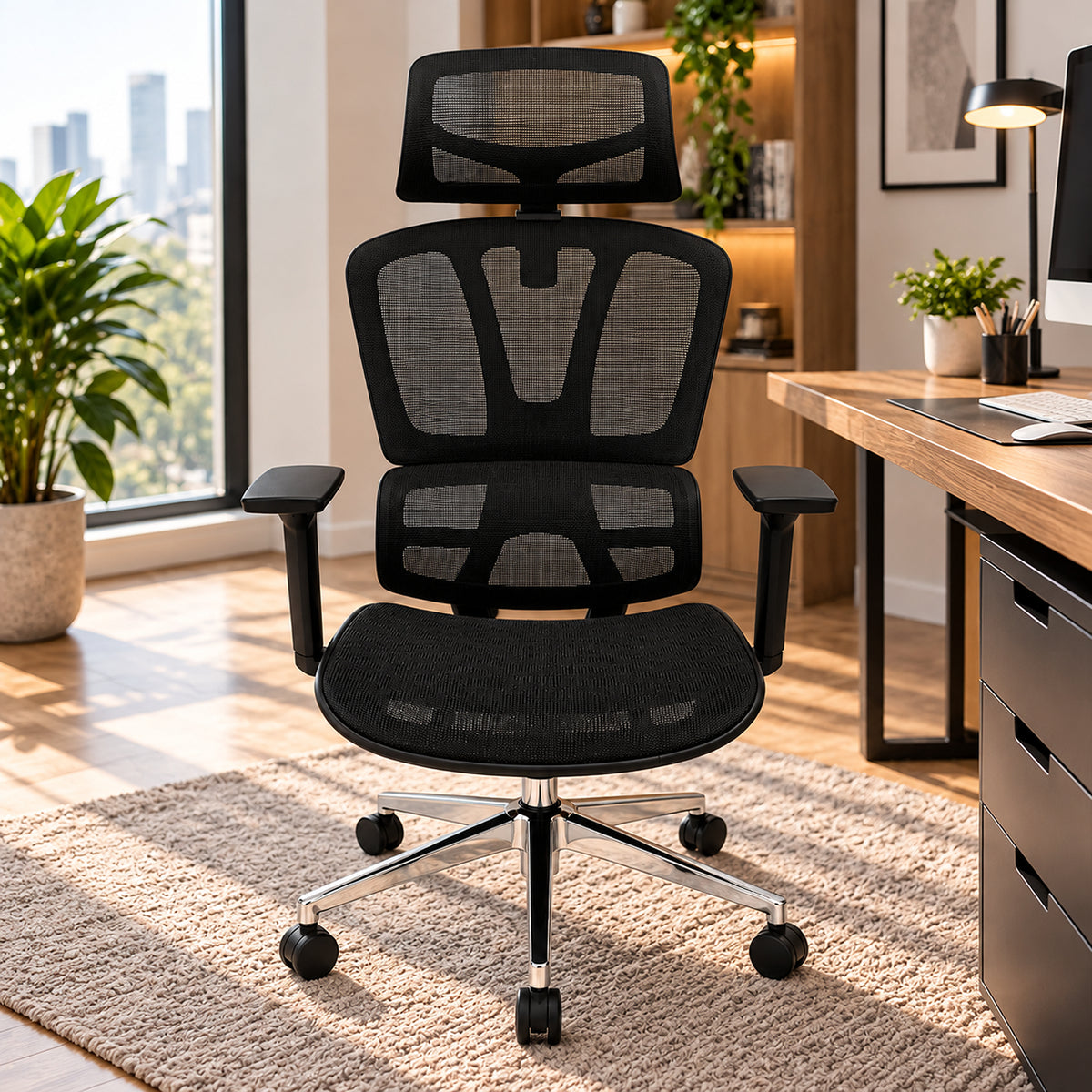 Silla de oficina ergonómica negra en malla con cabecero y brazos 3D 65x120cm