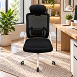 Silla de oficina ergonómica negra y blanca en malla con cabecero y ruedas 59x92cm
