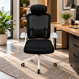 Silla de oficina ergonómica negra y blanca en malla con cabecero y ruedas 59x92cm