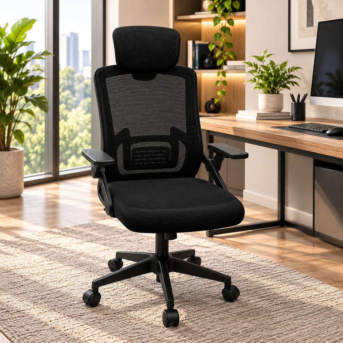 Silla de oficina ergonómica negra en malla con cabecero ajustable 59x92 cm