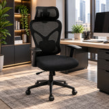 Silla de oficina ergonómica negra en malla con cabecero ajustable 65x120 cm
