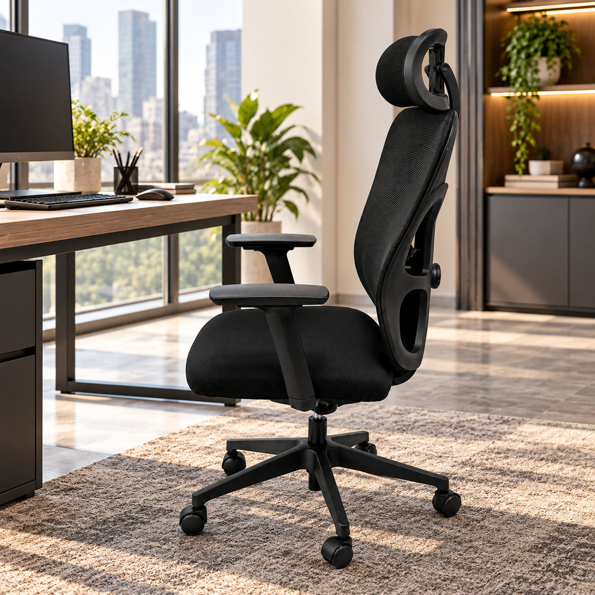 Silla de oficina ergonómica negra en malla con cabecero ajustable 65x120 cm