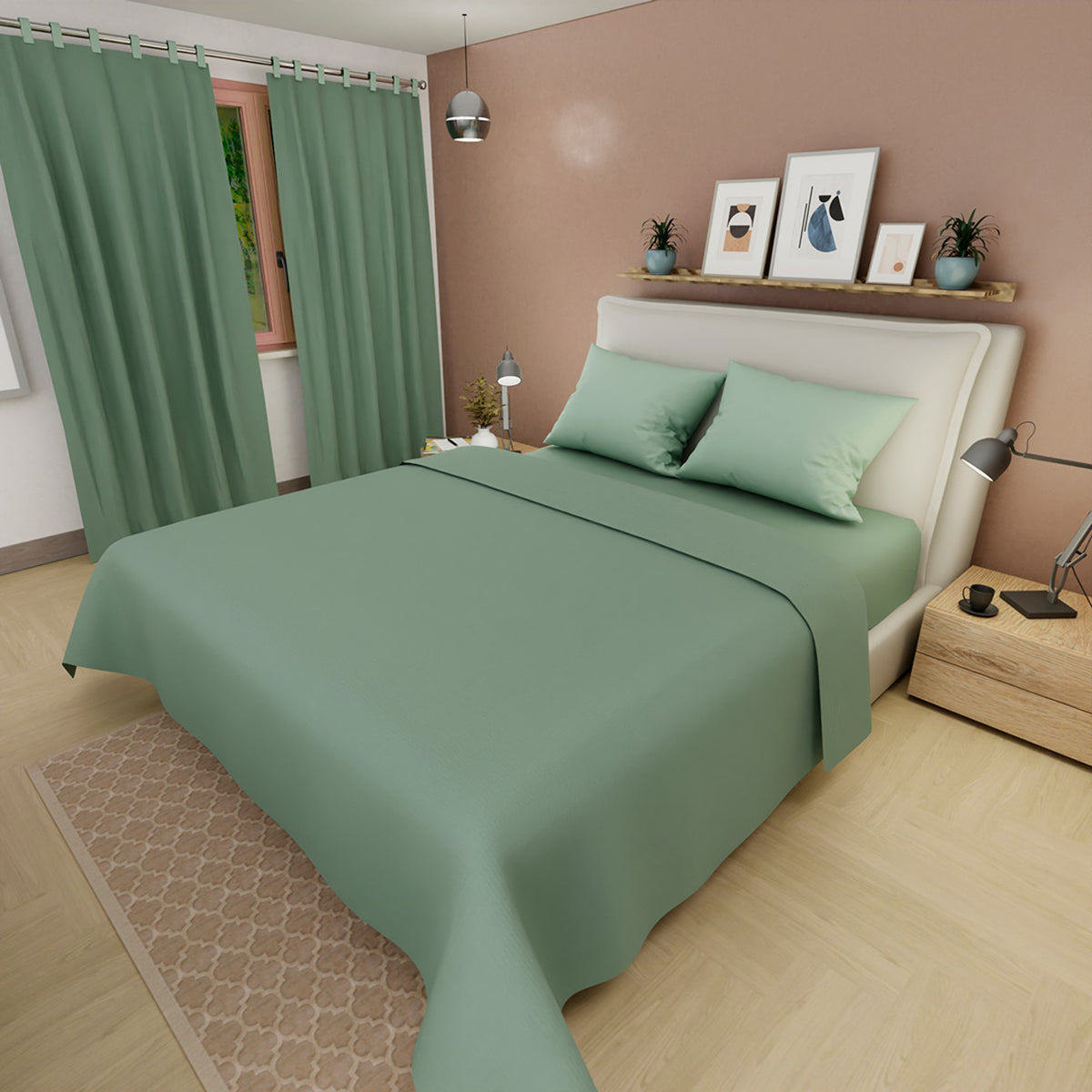 Juego de sábanas Confortable para cama doble verde pistacho con cortina en microfibra 140x190 cm