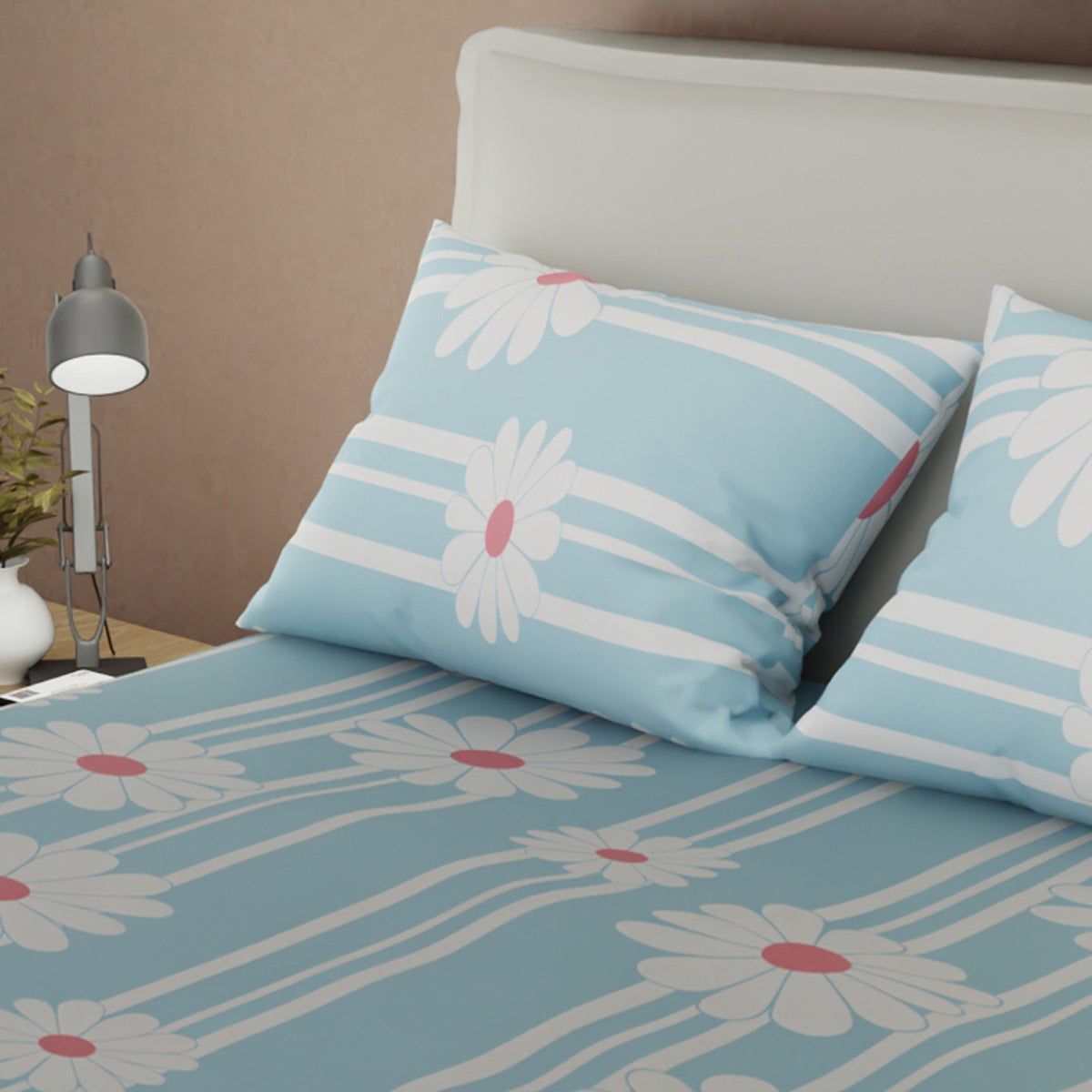 Juego de sábanas Día de Primavera para cama doble azul y gris con cortina en microfibra 140x190 cm