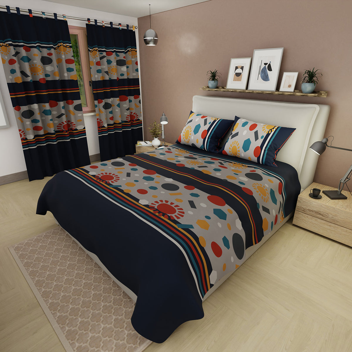 Juego de sábanas Cosmic queen gris con cortina en microfibra 160x190 cm